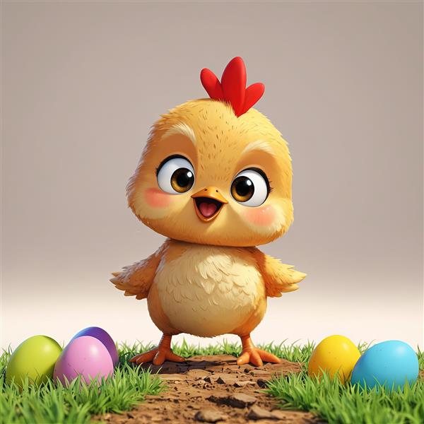 تصویر جوجه زرد کارتونی شاد وسط تخم‌مرغ‌های عید پاک رنگارنگ