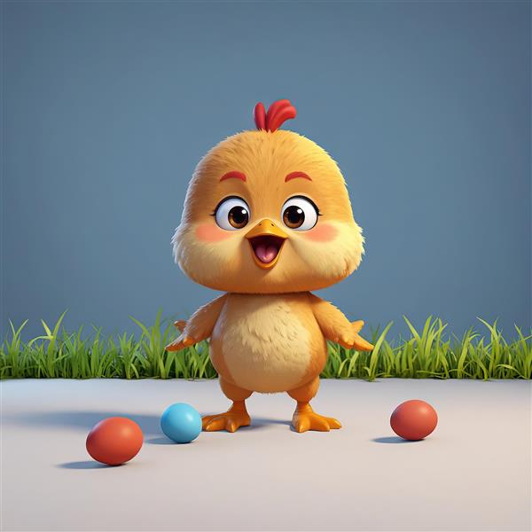 عکس جوجه کارتونی زرد با لبخند و توپ‌های رنگی روی زمین خاکستری