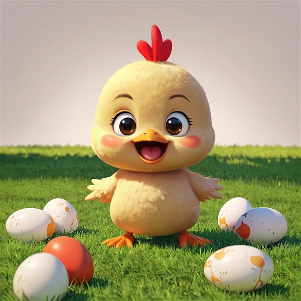 عکس باکیفیت جوجه کارتونی در چمنزار با تخم‌مرغ‌های خالدار