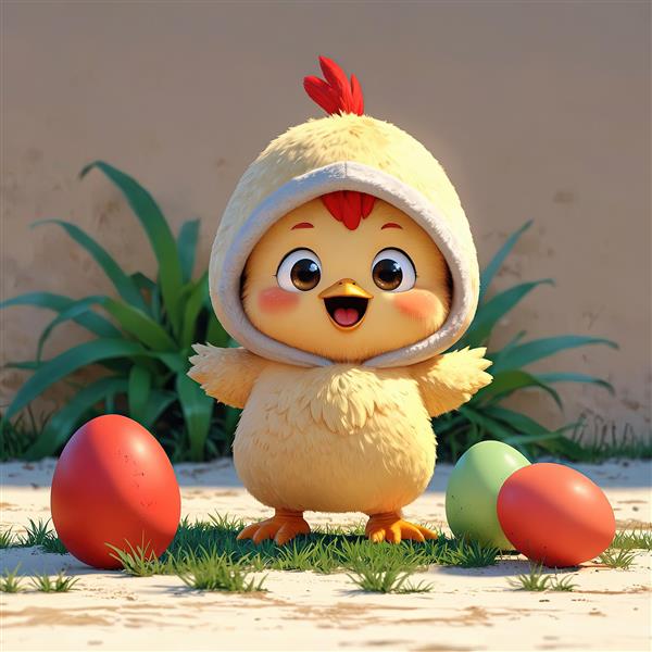 تصویر جوجه زرد کارتونی با کلاه تخم‌مرغی و گیاهان دکوراتیو