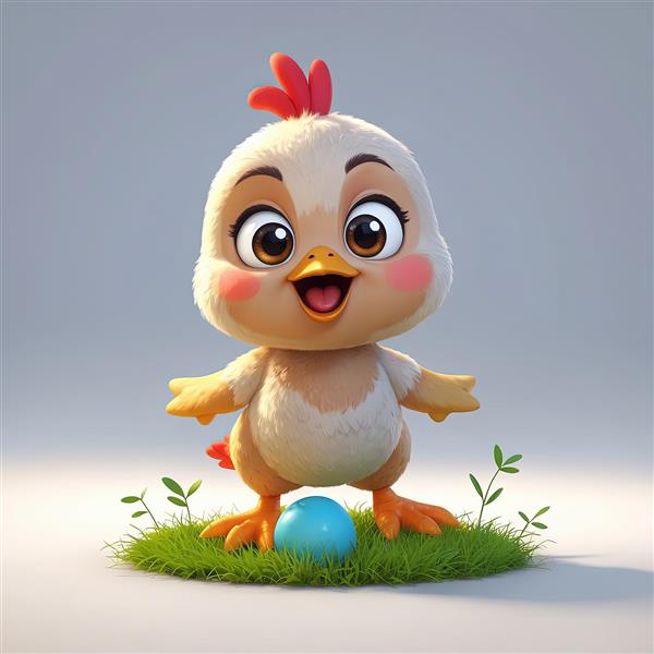 دانلود تصویر جوجه کارتونی شاد با تخم‌مرغ آبی روی چمن، مناسب چاپ