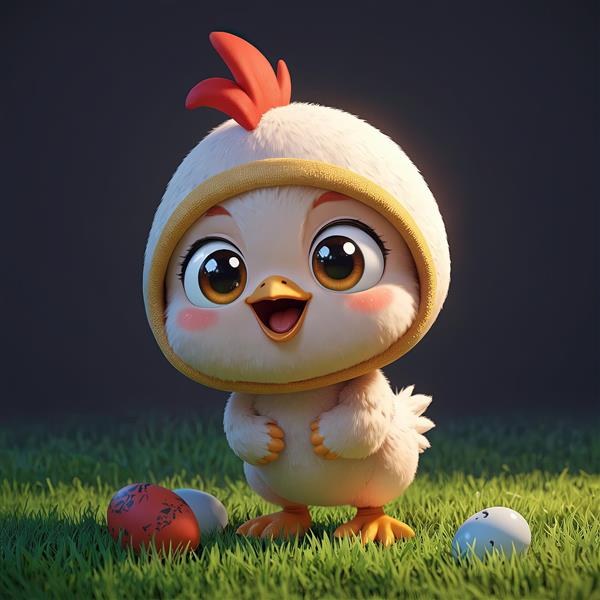 دانلود پوستر جوجه کارتونی با کلاه تخم‌مرغ و پس‌زمینه تیره برای تابلو