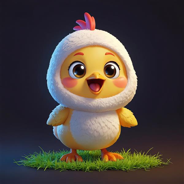 دانلود طرح گرافیکی جوجه زرد کارتونی با کلاه خز سفید بر روی چمن