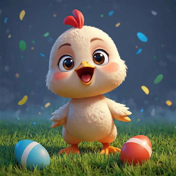 جوجه کارتونی سفید در شب عید پاک با تخم مرغ‌های رنگی و نورپردازی