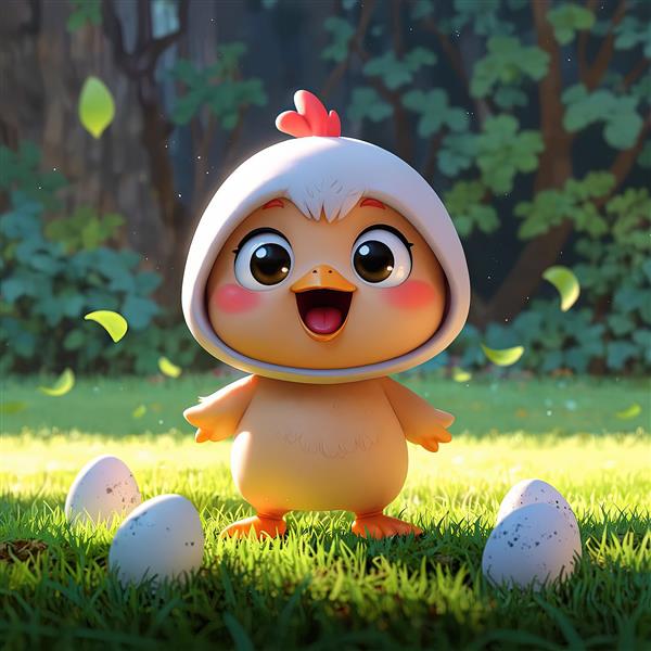 جوجه کارتونی در پوسته تخم مرغ در جنگل با نور آفتاب، مناسب بک‌گراند