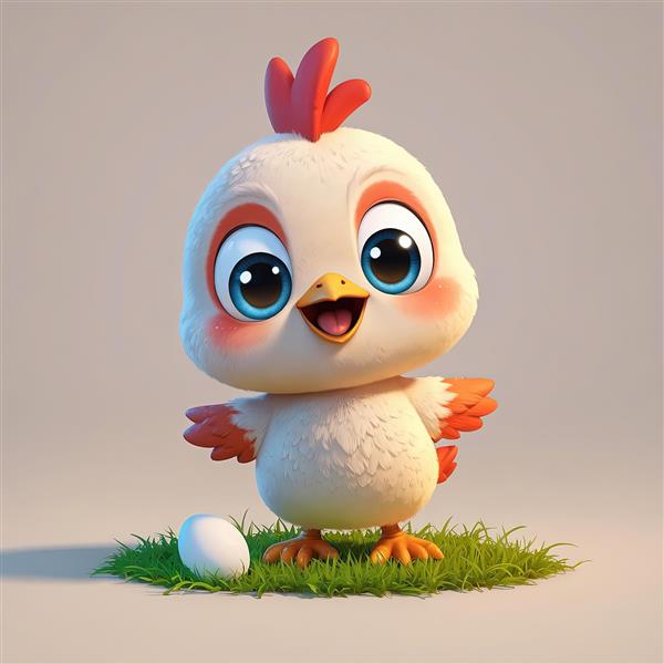 جوجه کارتونی سفید با چشم‌های آبی و تخم مرغ سفید، تصویر با کیفیت بالا