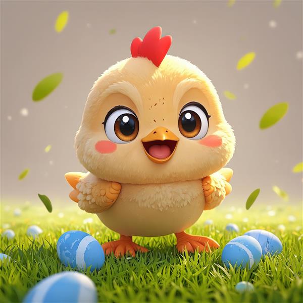 عکس جوجه کارتونی شاد در چمن با تخم مرغ‌های آبی، مناسب طراحی کارت