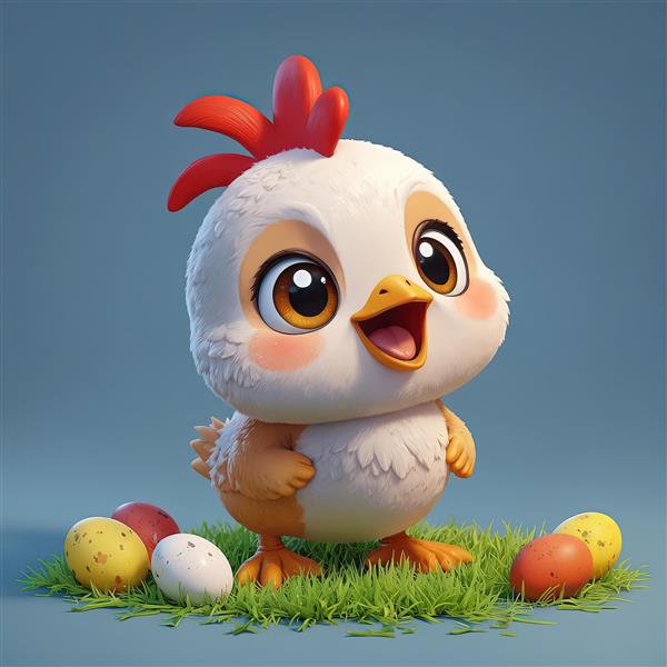 دانلود طرح جوجه کارتونی سفید با تخم مرغ‌های رنگی عید پاک در چمن