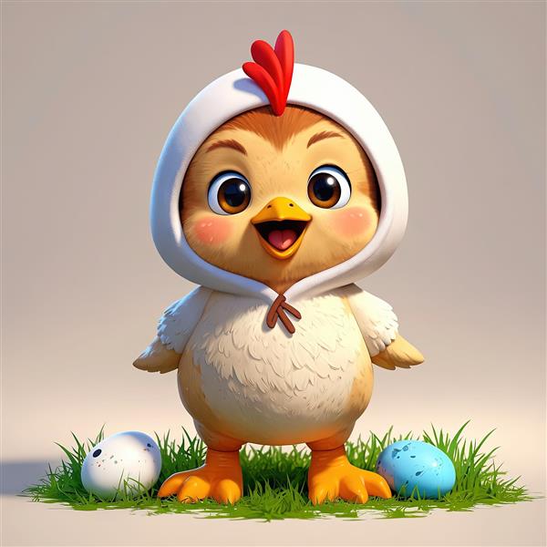 تصویر باکیفیت جوجه با هودی سفید و تخم مرغ‌های رنگی، مناسب چاپ دکوراتیو