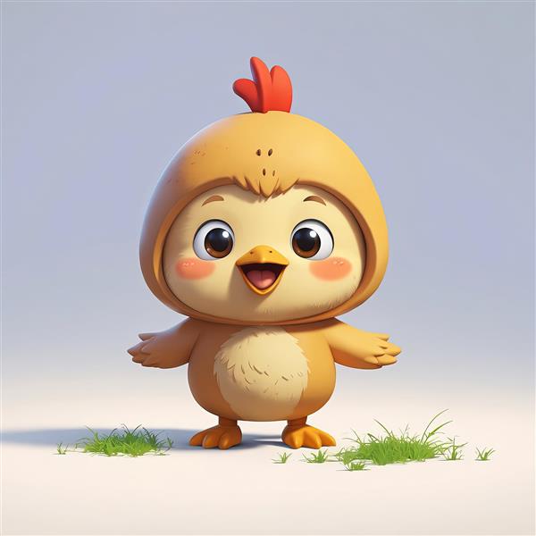 جوجه کارتونی طلایی با کلاه پوسته تخم مرغ و کاکل قرمز، تصویر سه‌بعدی کیوت