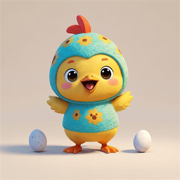 جوجه کارتونی زرد با لباس آبی فیروزه‌ای و طرح گل، همراه با تخم مرغ‌های سفید