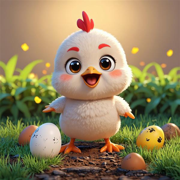 تصویر جوجه کارتونی سفید در محیط مزرعه با تخم مرغ‌های متنوع، مناسب دکور