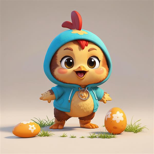 جوجه کارتونی با هودی آبی و زنجیر، همراه با دو تخم مرغ طرح‌دار، کیوت