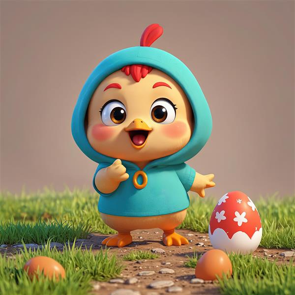عکس باکیفیت جوجه کارتونی با هودی آبی و تخم مرغ‌های رنگی، مناسب چاپ عریض