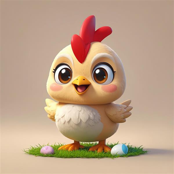 جوجه کارتونی کرم و طلایی با تاج قرمز و تخم مرغ‌های رنگی، طرح عید پاک