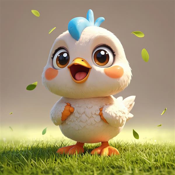 تصویر باکیفیت جوجه کارتونی سفید با پرهای نارنجی و کاکل آبی، مناسب پوستر