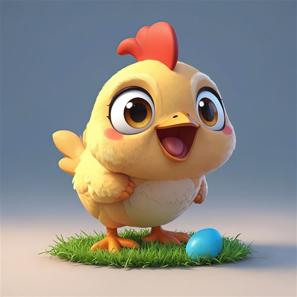 جوجه کارتونی زرد خوشحال با تخم مرغ آبی در چمن، تصویر باکیفیت سه‌بعدی