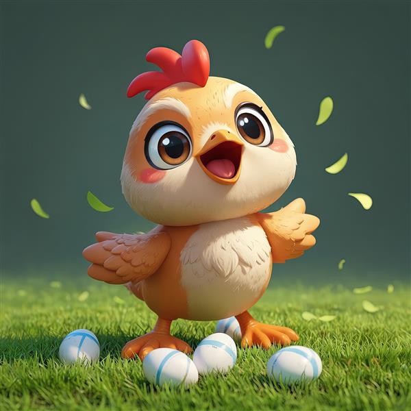 جوجه کارتونی نارنجی در چمن با تخم مرغ‌های عید پاک، مناسب طراحی کارت تبریک