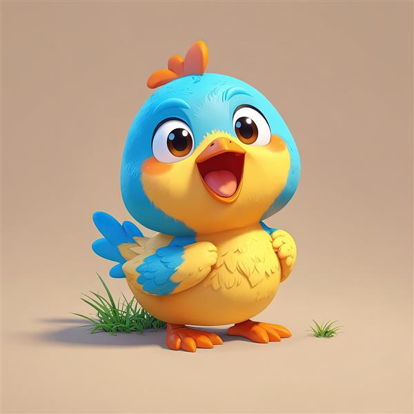 تصویر باکیفیت پرنده کارتونی آبی و زرد با دهان باز، مناسب پوستر دکوراتیو