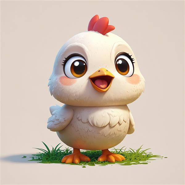 جوجه کارتونی سفید کیوت با تاج قرمز، تصویر گرافیکی سه بعدی، مناسب چاپ