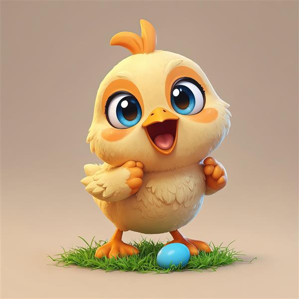 عکس جوجه کارتونی زرد خوشحال با تخم مرغ آبی و چمن، مناسب طراحی کودک