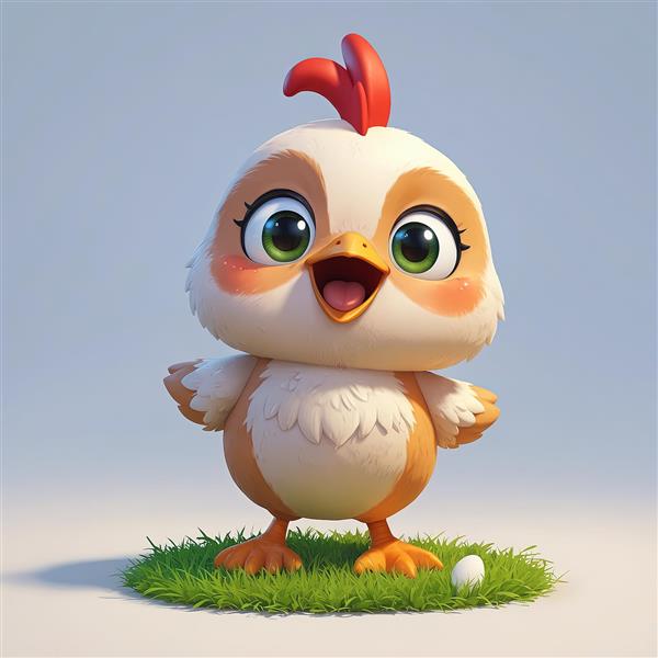 تصویر باکیفیت جوجه کارتونی با رگه‌های نارنجی و چشم‌های سبز در چمن، دکوراتیو