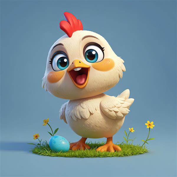 جوجه کارتونی کیوت با چشم‌های آبی، تخم مرغ آبی و گل‌های زرد، مناسب عید پاک