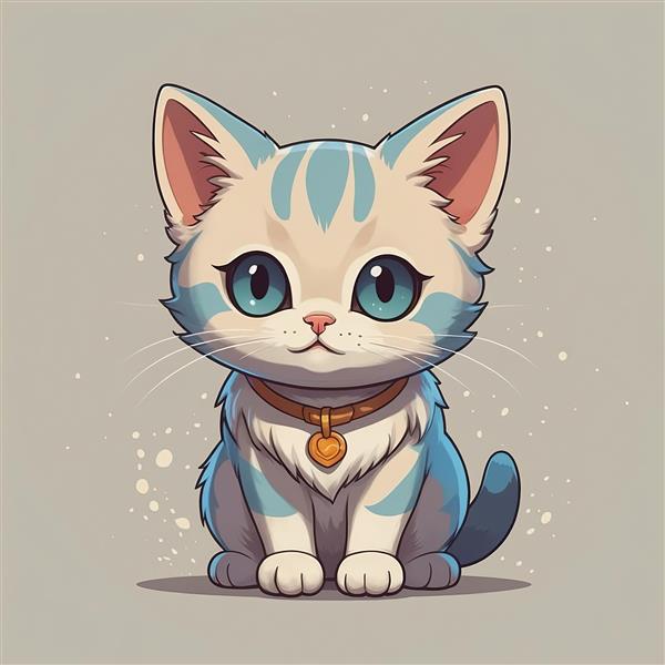 دانلود طرح گرافیکی گربه کارتونی با چشم‌های آبی و نوار آبی، مناسب تابلو