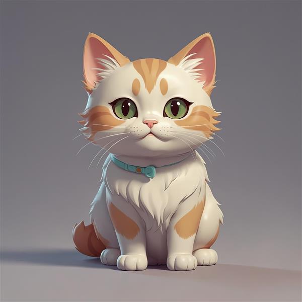 تصویر گربه کارتونی سفید و عسلی با قلاده آبی و چشم‌های سبز، مناسب چاپ