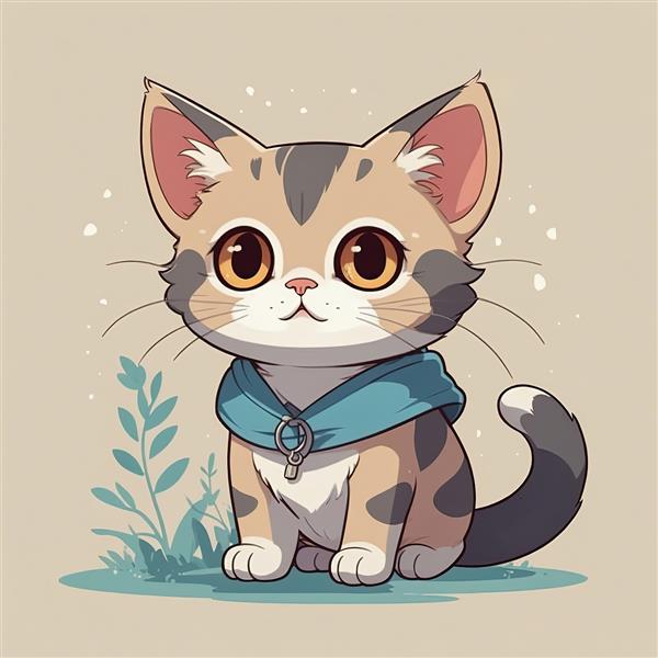 تصویر باکیفیت گربه کارتونی سفید با قلاده زنگوله‌دار و پس‌زمینه صورتی ملایم