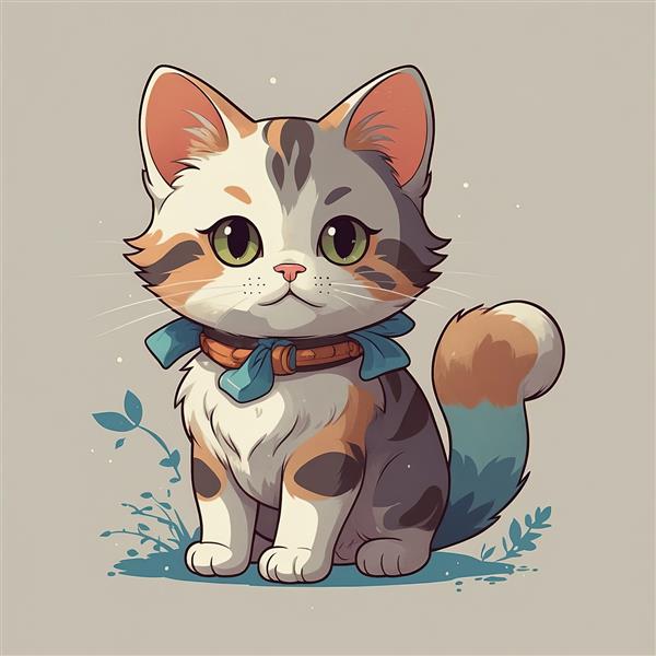 تصویرسازی گربه کَلیکو (سه رنگ) با پاپیون آبی