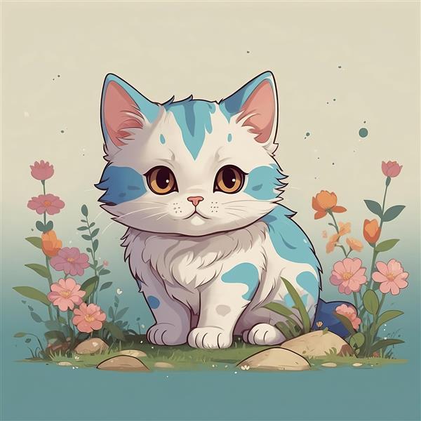 عکس گربه فانتزی سفید و آبی در باغچه گل