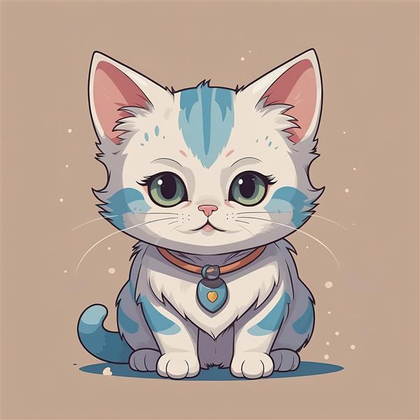 وکتور گربه کارتونی سفید و آبی خالدار با قلاده