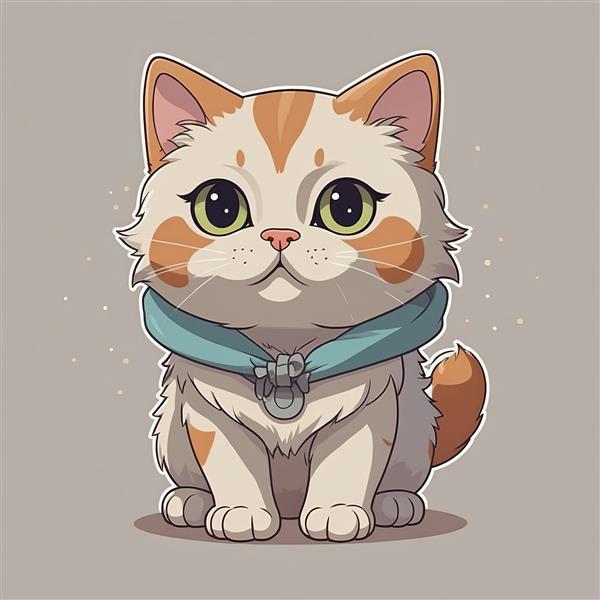 تصویرسازی گربه پشمالوی سفید و نارنجی با قلاده آبی