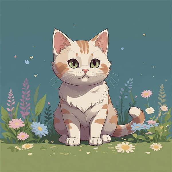 عکس باکیفیت گربه بازیگوش در چمنزار و گل‌های بهاری