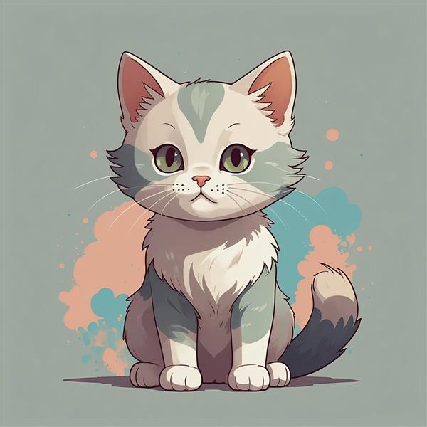 پوستر اتاق کودک طرح گربه فانتزی طوسی با پس زمینه آبرنگی