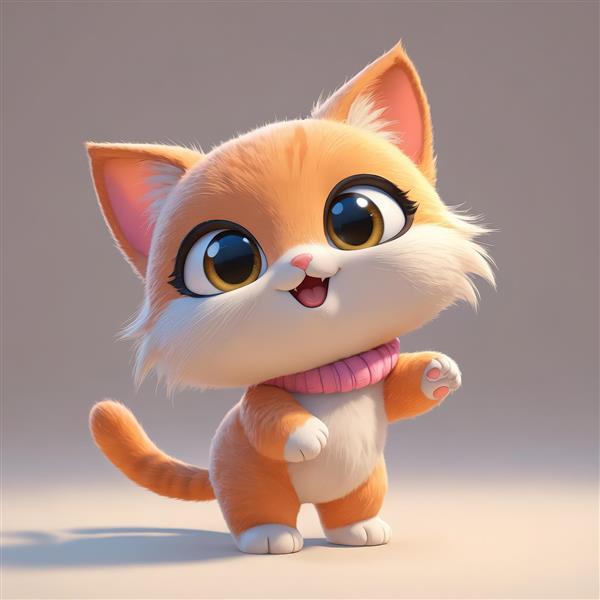 بچه گربه نارنجی و سفید ایستاده با شال گردن صورتی بافتنی