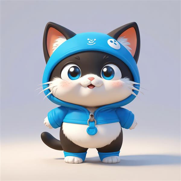 بچه گربه سیاه و سفید با هودی آبی کلاه دار و چشمان آبی درشت