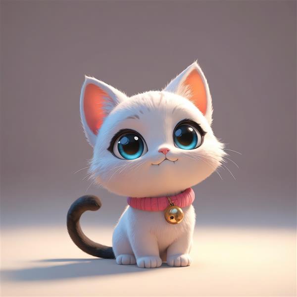 بچه گربه سفید کارتونی با چشمان آبی درخشان، قلاده صورتی و دم تیره