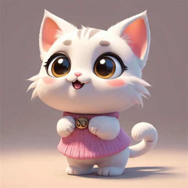 بچه گربه سفید با چشمان عسلی درشت، قلاده صورتی و دم صورتی فر خورده