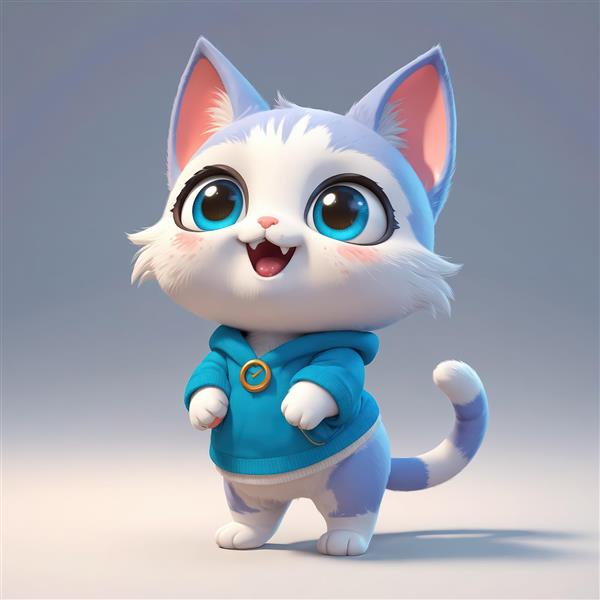 بچه گربه سفید و آبی روشن با هودی آبی و پوز خندان