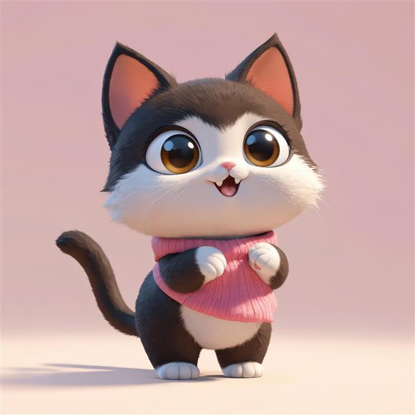 بچه گربه سیاه و سفید با شال گردن صورتی بافتنی، خندان و بامزه