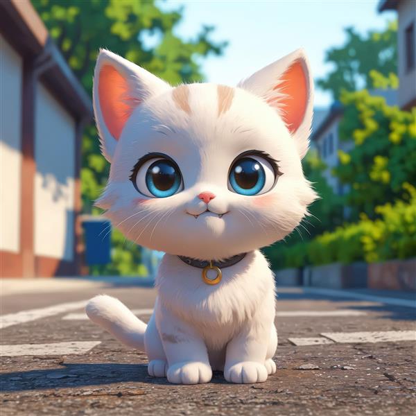 بچه گربه سفید راه راه با چشمان آبی درشت، قلاده طوسی و پس‌زمینه شهری