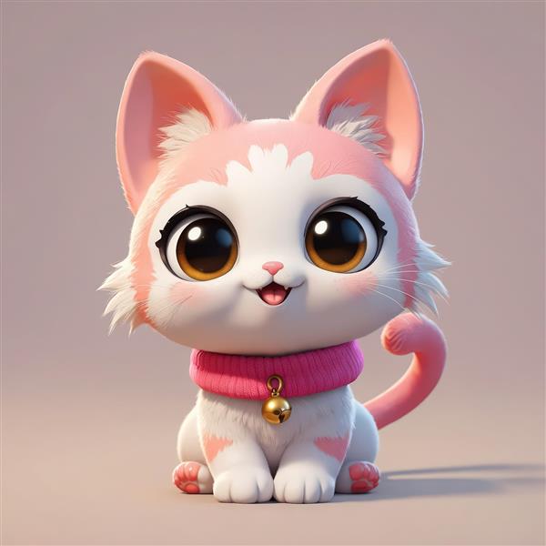 بچه گربه صورتی و سفید با شال گردن بافتنی صورتی و زنگوله طلایی