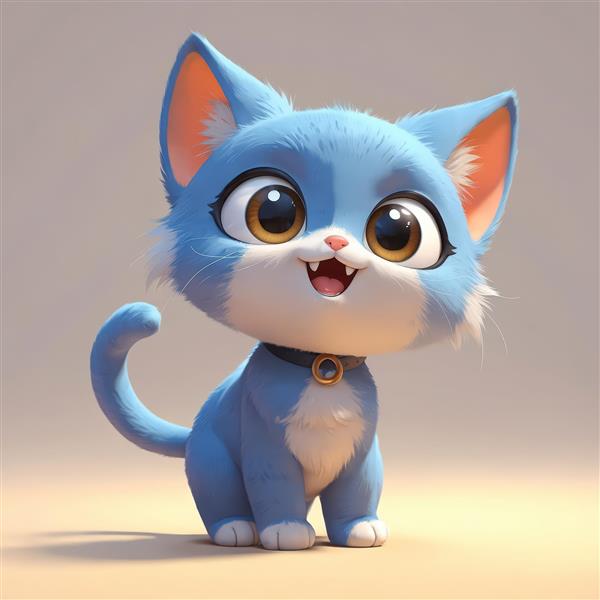 بچه گربه آبی رنگ با چشمان عسلی درشت و قلاده آبی تیره با آویز طلایی