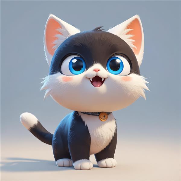 بچه گربه سیاه و سفید خندان با چشمان آبی درشت و قلاده ساده مشکی