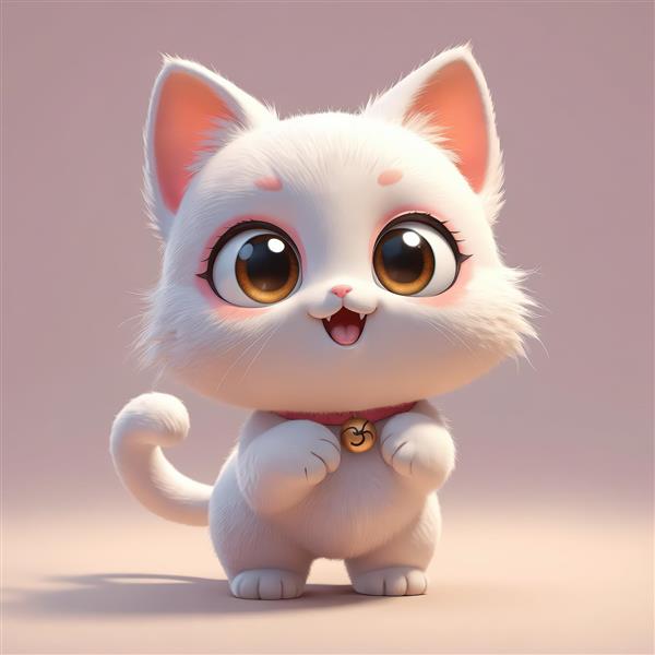 بچه گربه سفید ایستاده خندان با چشمان عسلی و قلاده ساده طلایی