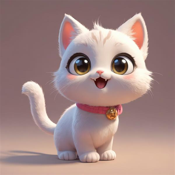 بچه گربه سفید راه راه خندان با چشمان عسلی و قلاده صورتی زنگوله‌دار