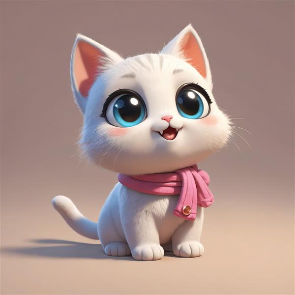 بچه گربه سفید بامزه با چشمان آبی روشن و شال گردن بافتنی صورتی