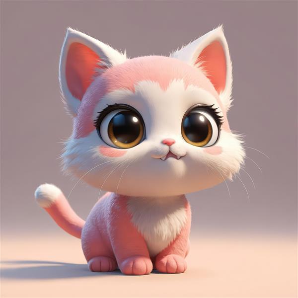 بچه گربه صورتی و سفید نشسته با چشمان عسلی و دم صورتی فر خورده